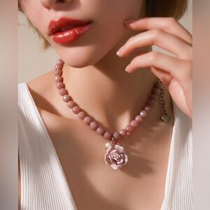 Handmade Pink Natural Stone Beaded Necklace with Rose Pendant